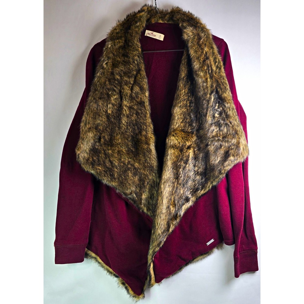 Hollister Womens Burgundy Faux Fur Collar Open Front Jacket Long Sleeve Sz S